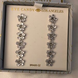 Eye Candy Los Angeles Silver Tone Linear Floral Drop Earrings CZ Accents NIB